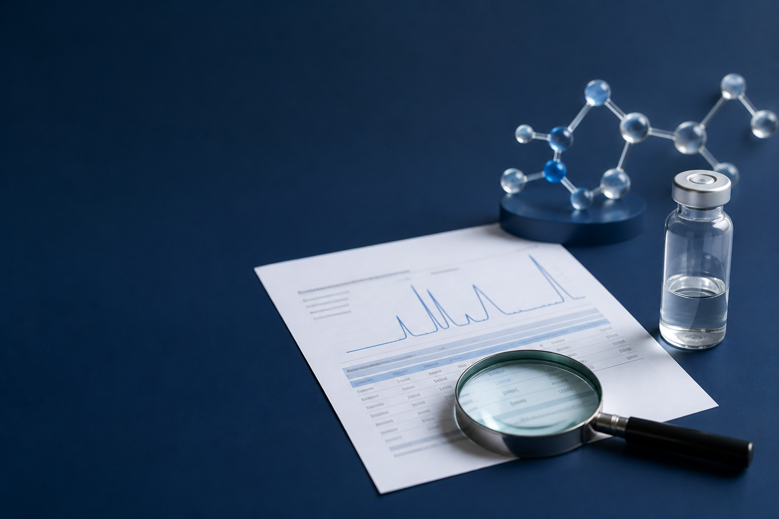 An editorial research desk with a certificate-style document, magnifying glass and unlabeled laboratory vial